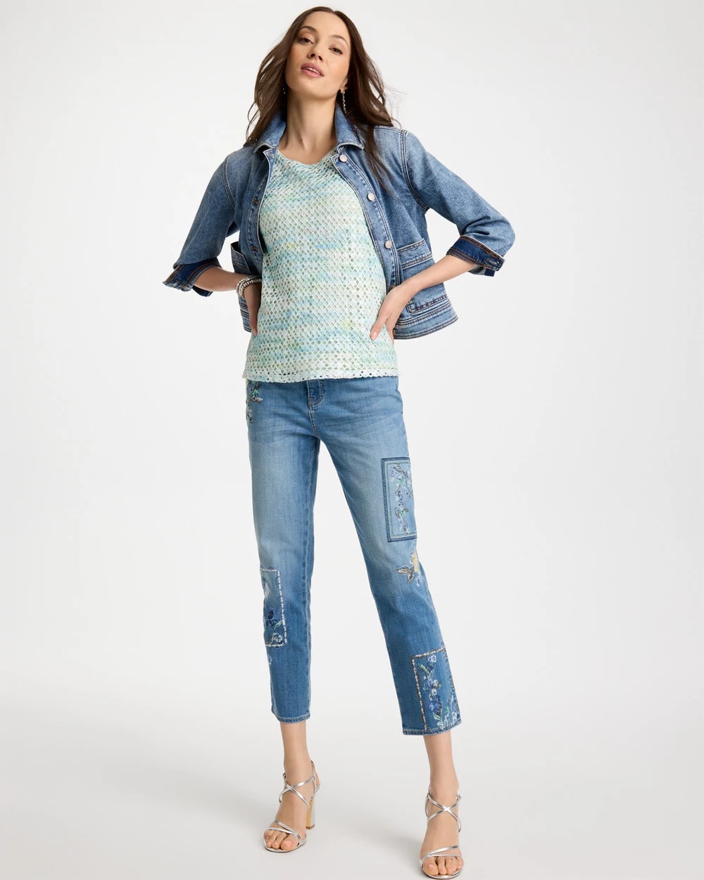 Chico's Outlet Aquamarine Indigo Floral Patchwork Girlfriend Crop Jeans