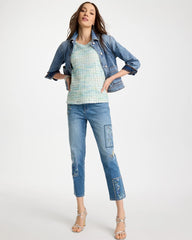 Chico's Outlet Aquamarine Indigo Floral Patchwork Girlfriend Crop Jeans