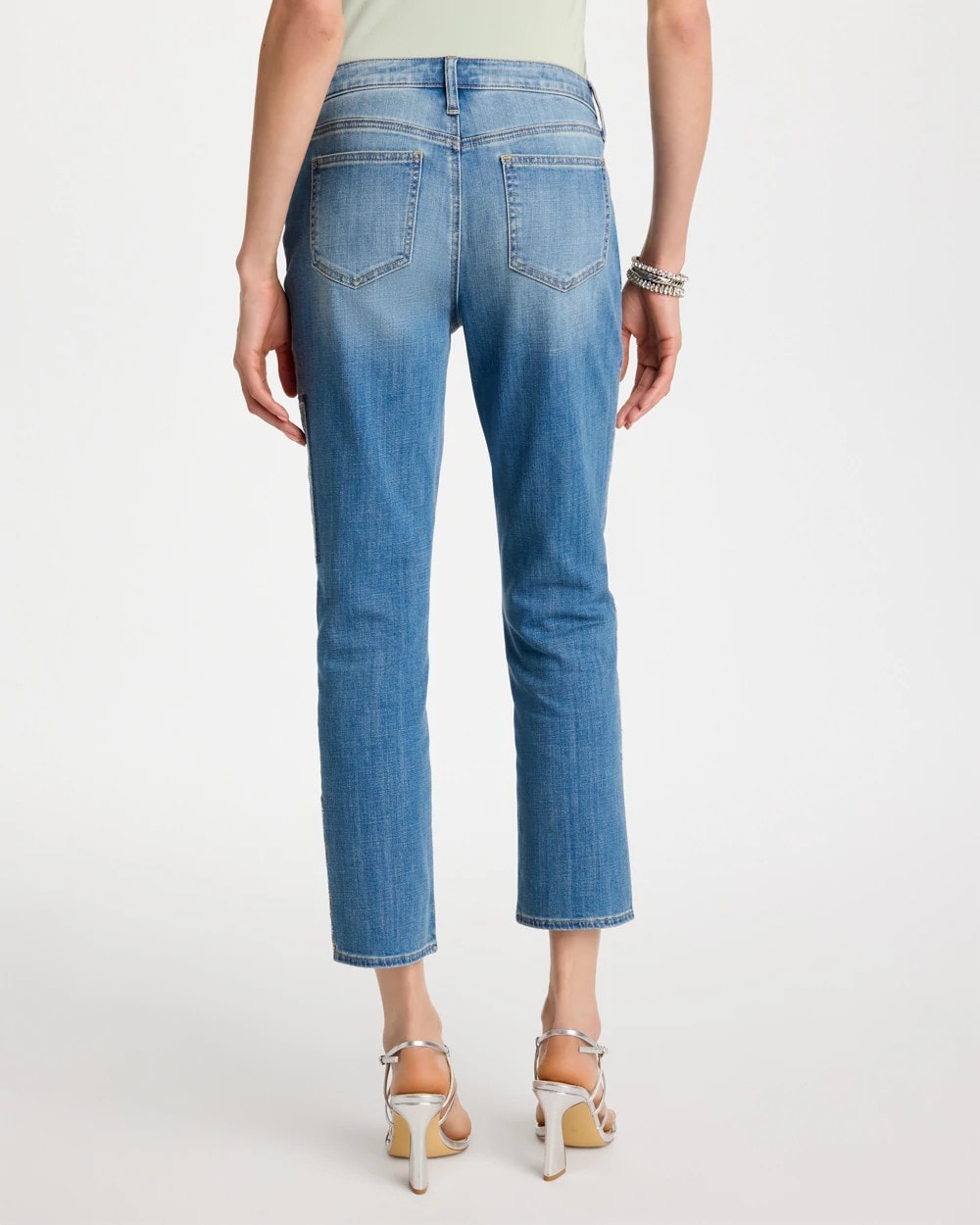 Chico's Outlet Aquamarine Indigo Floral Patchwork Girlfriend Crop Jeans