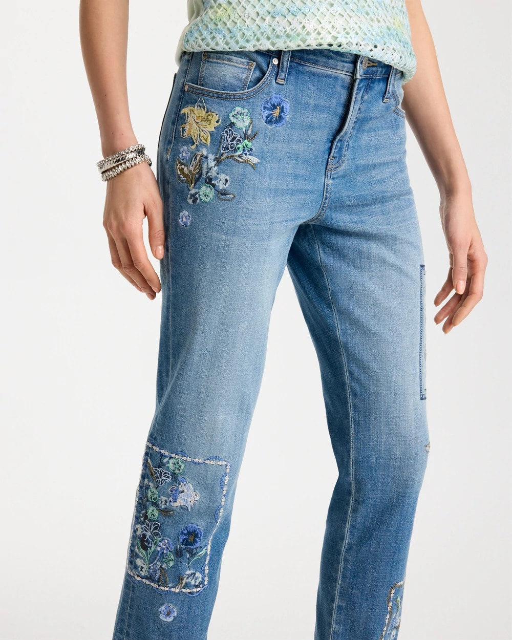 Chico's Outlet Aquamarine Indigo Floral Patchwork Girlfriend Crop Jeans