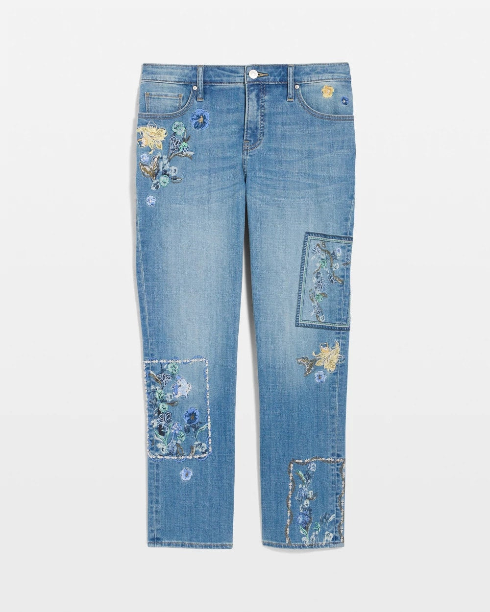 Chico's Outlet Aquamarine Indigo Floral Patchwork Girlfriend Crop Jeans