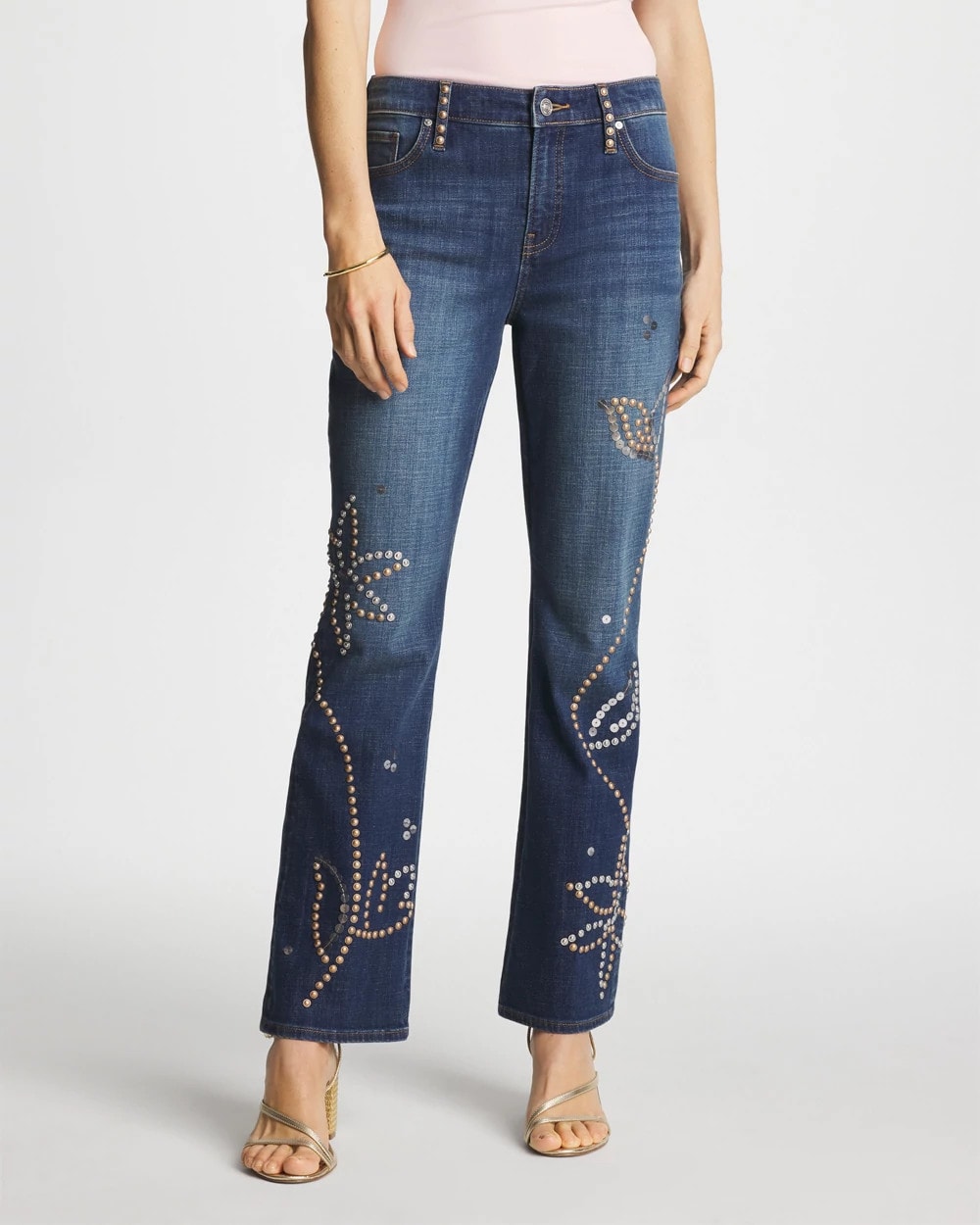 Chico's For Sale Spellbound Indigo Embellished Girlfriend Cropped Flared Jeans