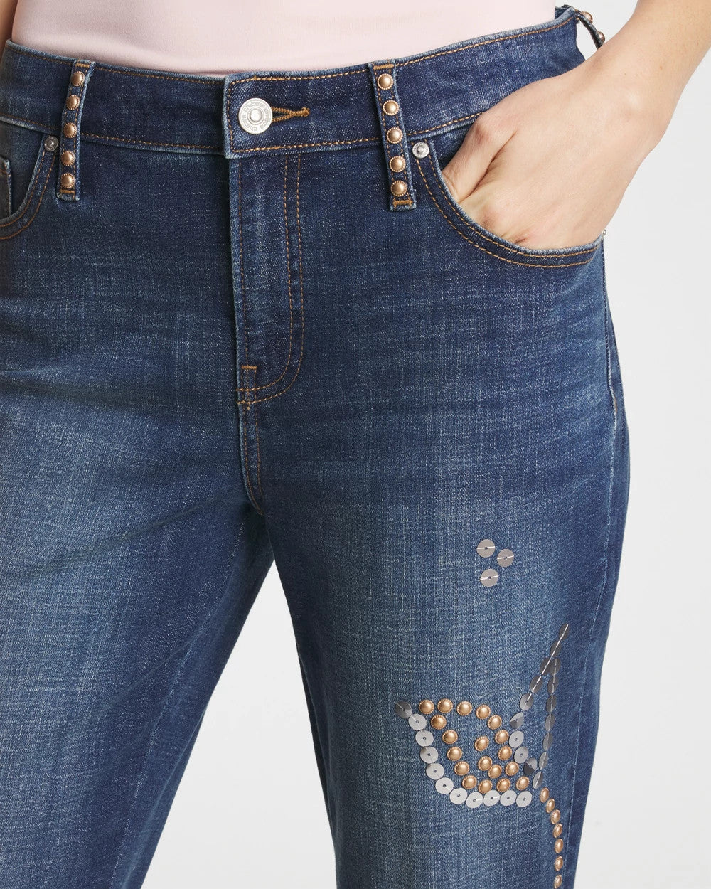 Chico's For Sale Spellbound Indigo Embellished Girlfriend Cropped Flared Jeans
