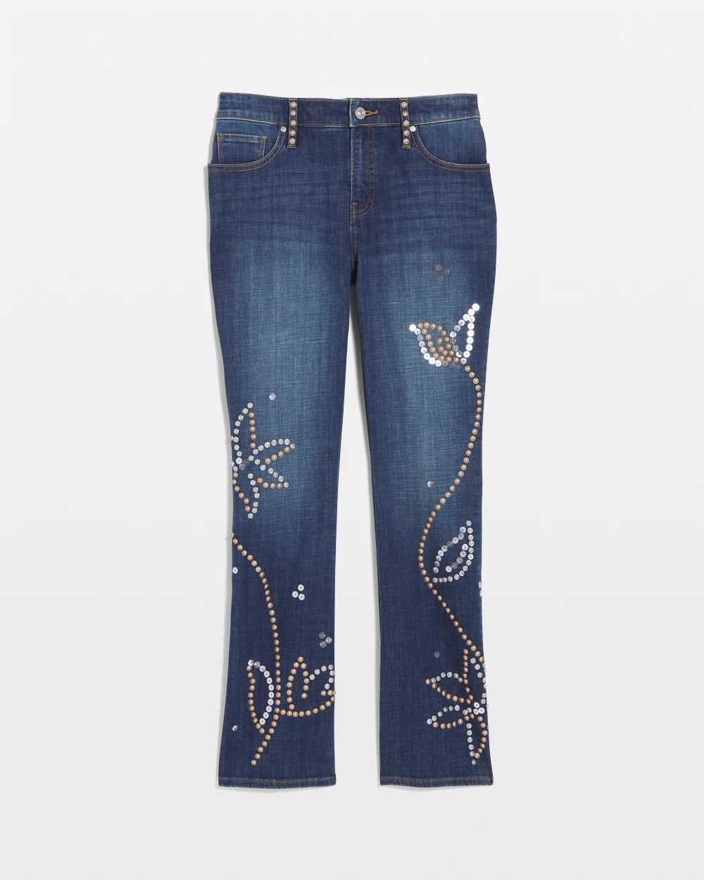 Chico's For Sale Spellbound Indigo Embellished Girlfriend Cropped Flared Jeans