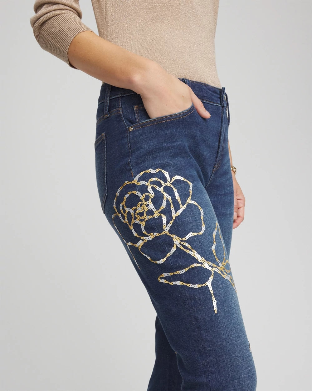 Chico's Sale Sequoia Indigo Sequins Rose Girlfriend Slim-Leg Jeans