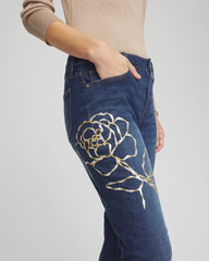 Chico's Sale Sequoia Indigo Sequins Rose Girlfriend Slim-Leg Jeans