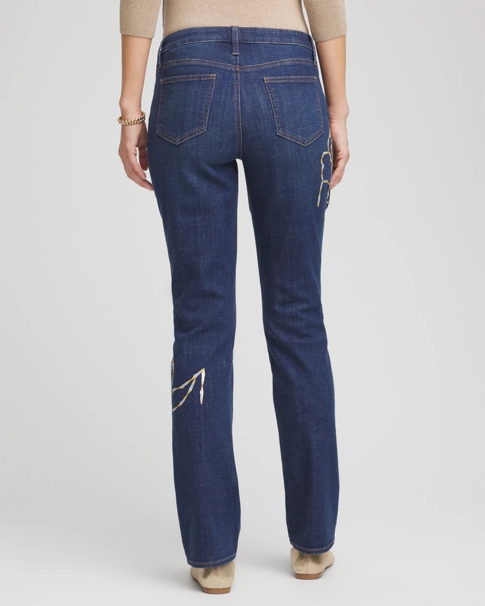 Chico's Sale Sequoia Indigo Sequins Rose Girlfriend Slim-Leg Jeans