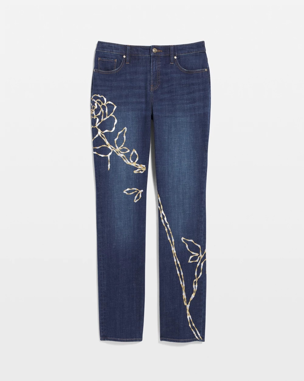 Chico's Sale Sequoia Indigo Sequins Rose Girlfriend Slim-Leg Jeans
