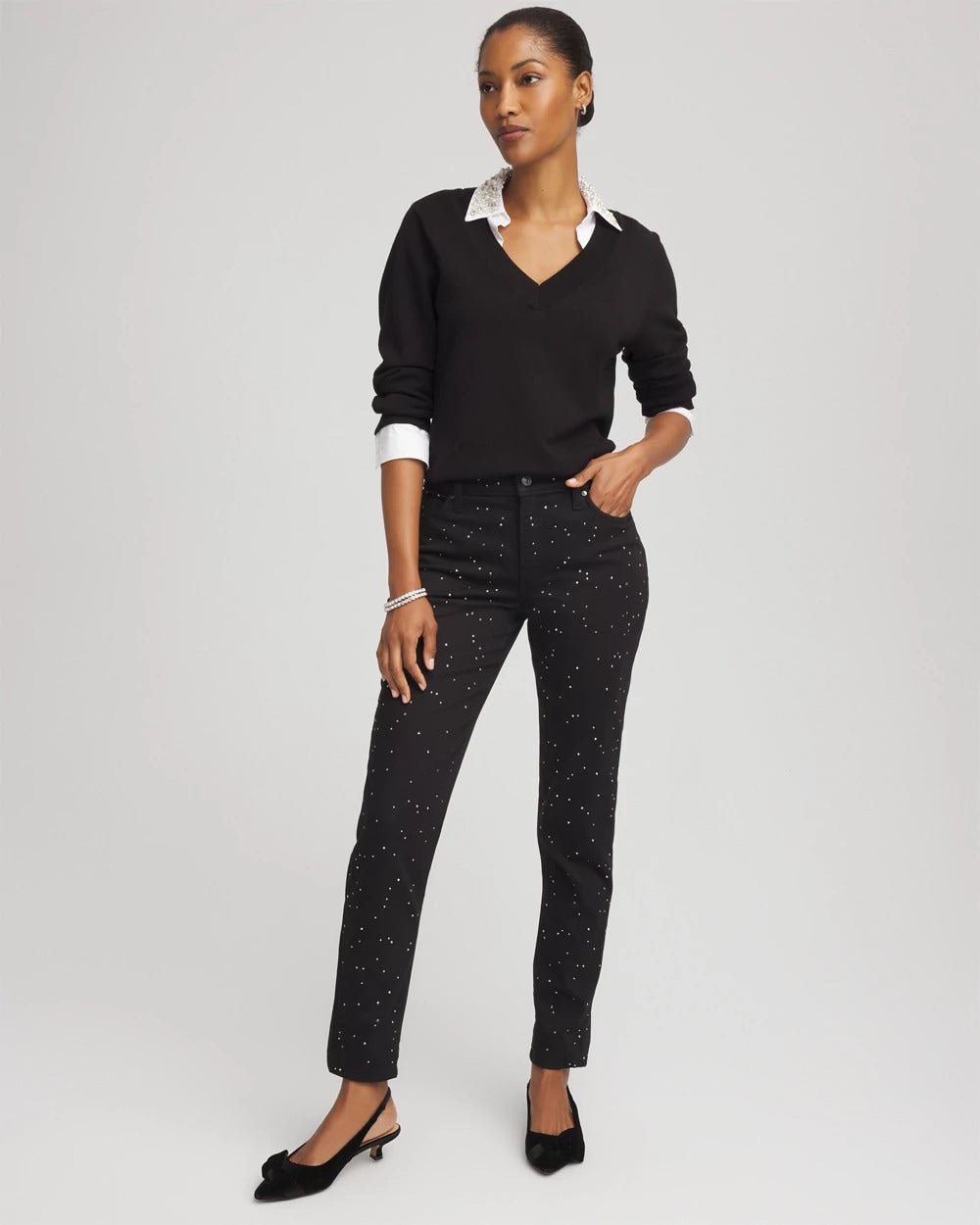 Chico's Sale Black Stone Embellished Girlfriend Slim Ankle Jeans