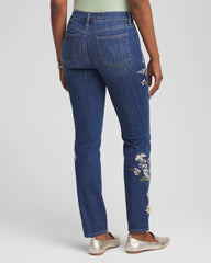 Chico's Outlet Dragon Road Indigo Appliqué Girlfriend Slim Ankle Jeans