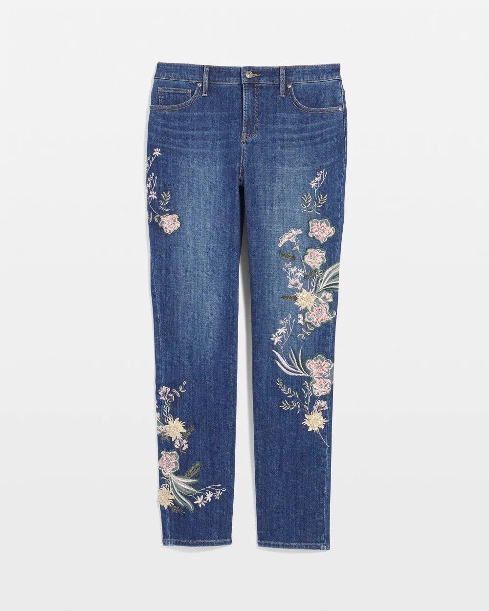 Chico's Outlet Dragon Road Indigo Appliqué Girlfriend Slim Ankle Jeans