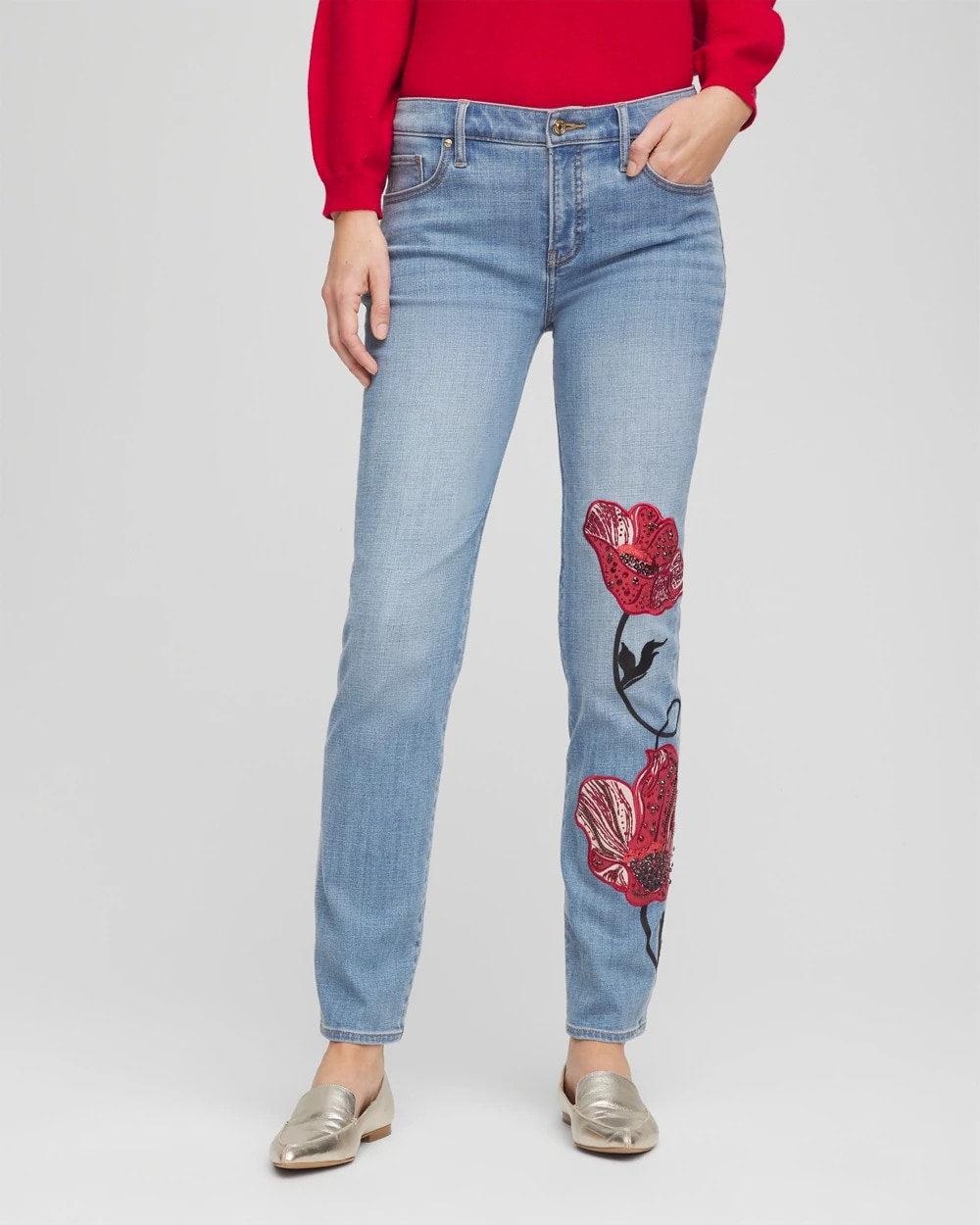 Chico's On Sale Poppy Indigo Placed Floral Girlfriend Slim Ankle Jeans