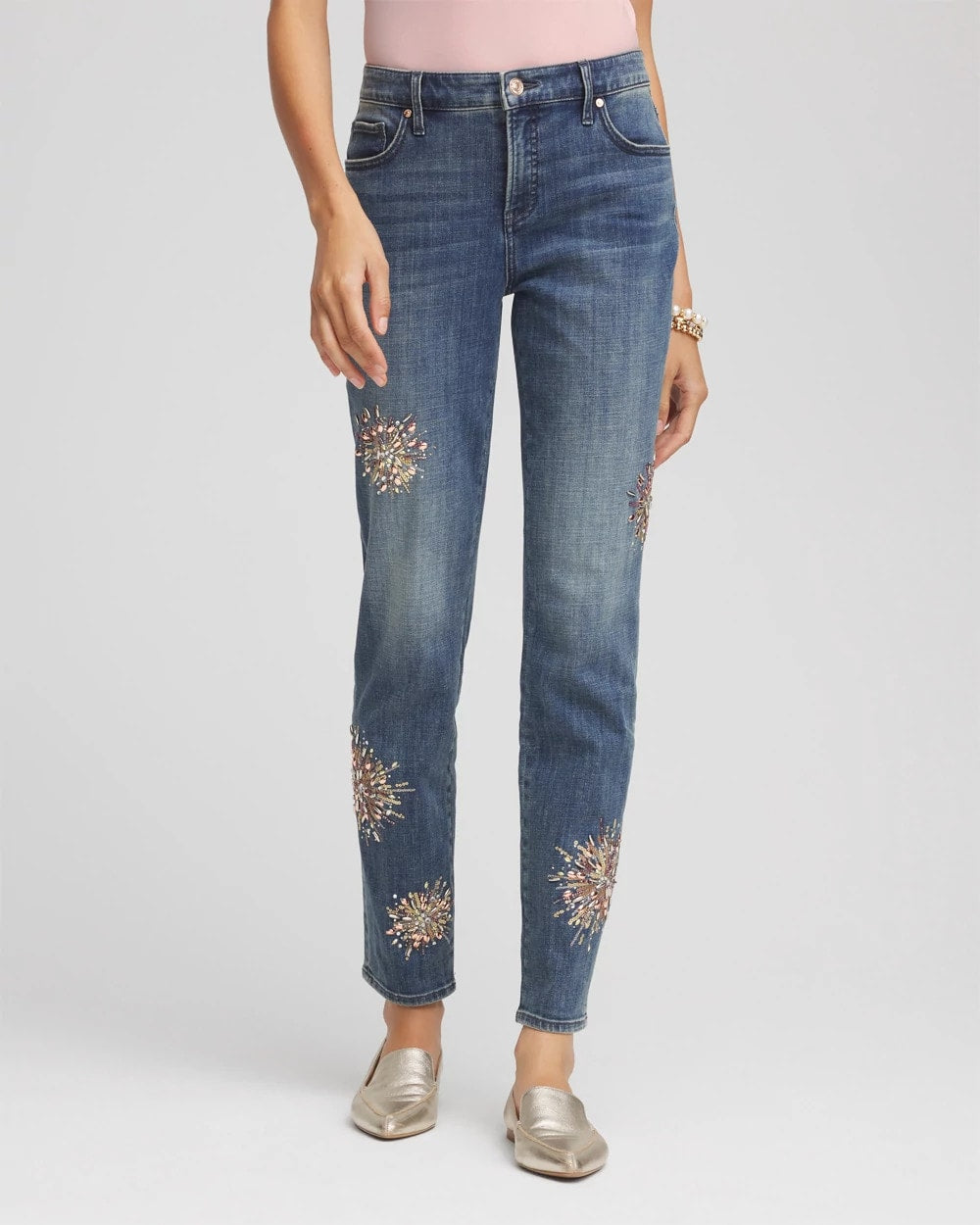 Chico's For Sale Brilliant Blue Indigo Embellished Starbursts Girlfriend Slim Ankle Jeans