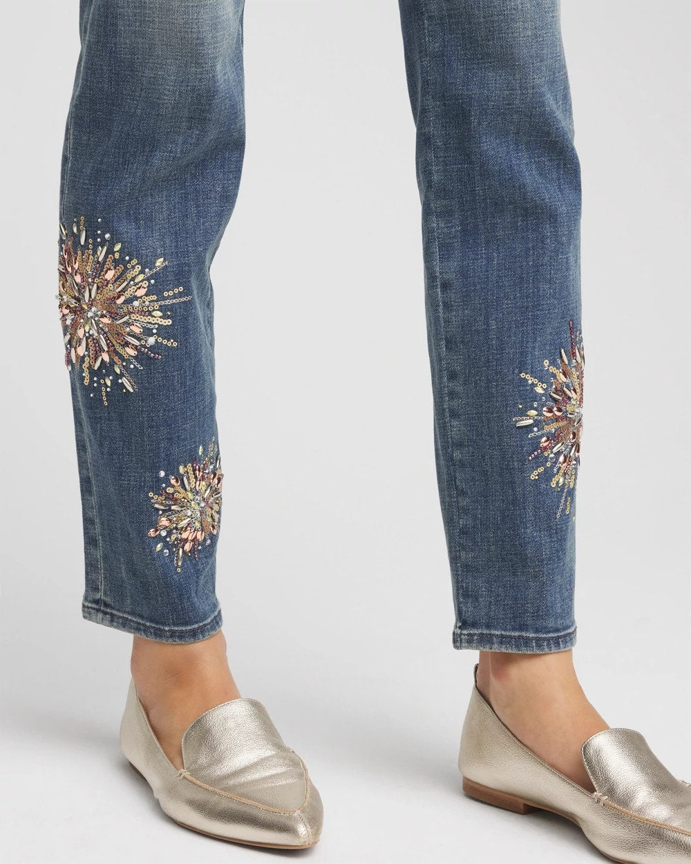 Chico's For Sale Brilliant Blue Indigo Embellished Starbursts Girlfriend Slim Ankle Jeans