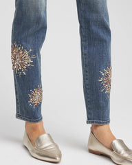 Chico's For Sale Brilliant Blue Indigo Embellished Starbursts Girlfriend Slim Ankle Jeans