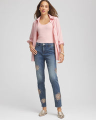 Chico's For Sale Brilliant Blue Indigo Embellished Starbursts Girlfriend Slim Ankle Jeans