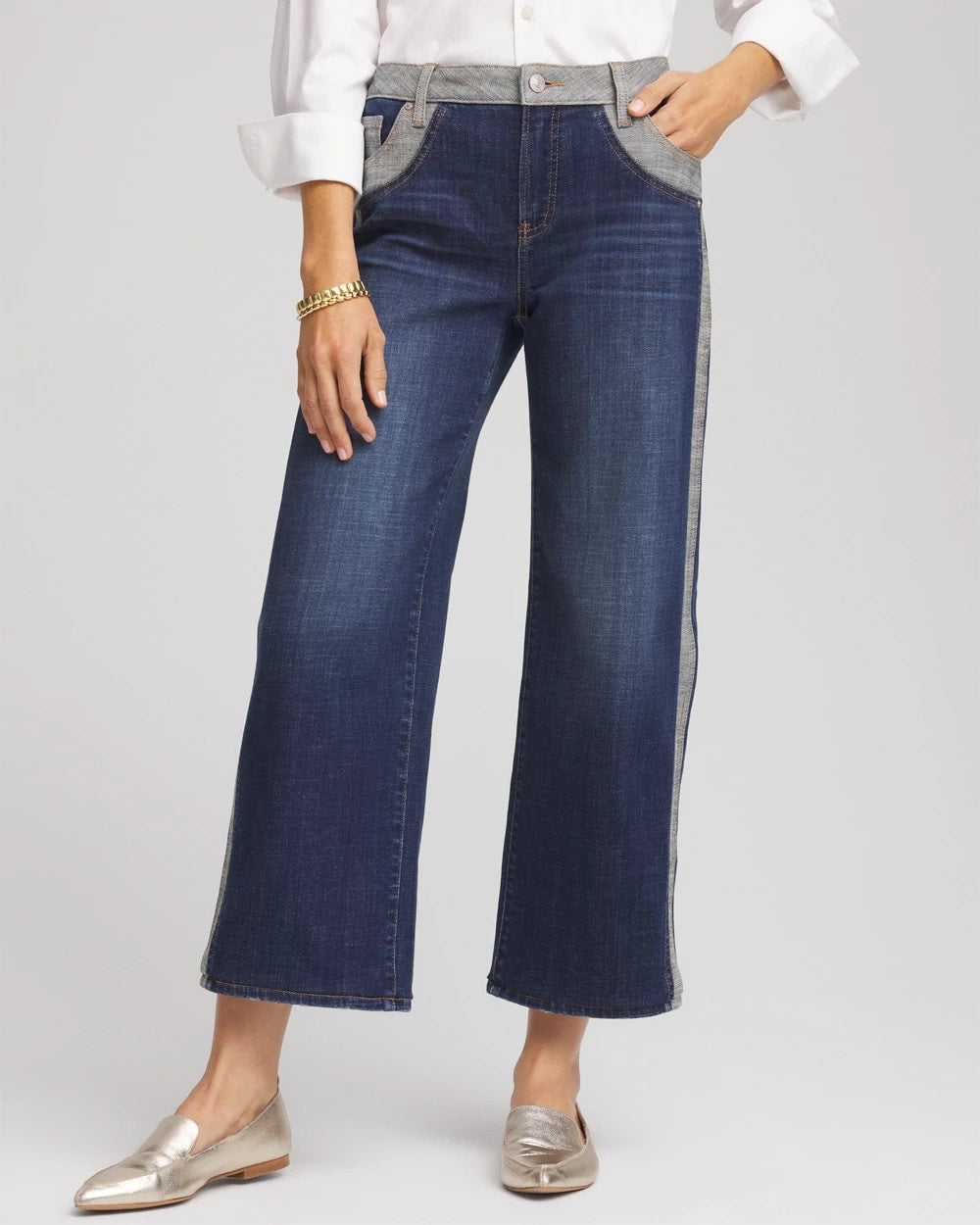 Chico's Discount Eclipse Indigo Girlfriend Cropped Colorblock Wide-Leg Jeans