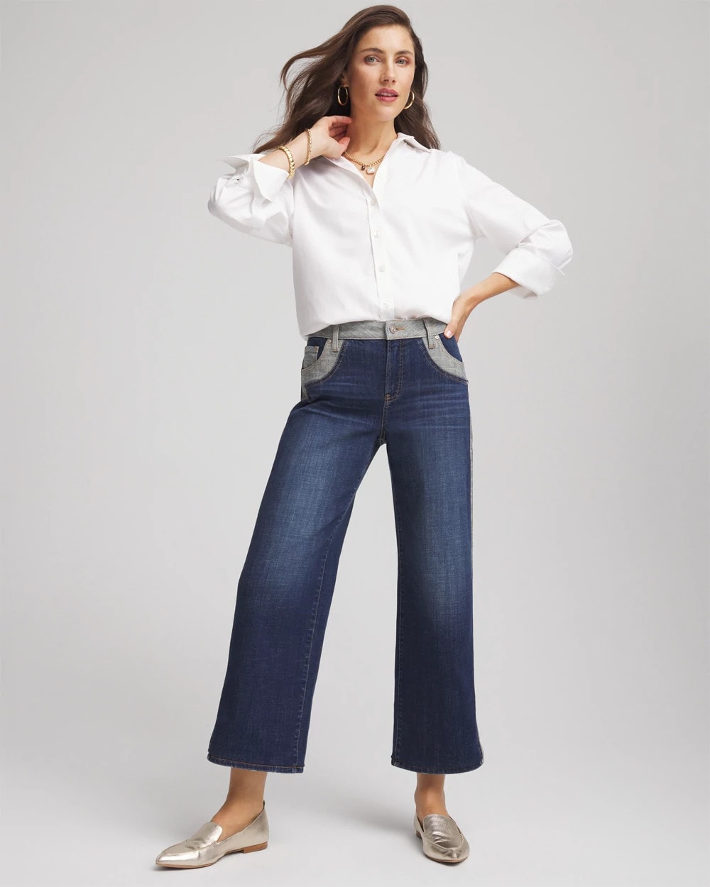Chico's Discount Eclipse Indigo Girlfriend Cropped Colorblock Wide-Leg Jeans