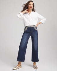 Chico's Discount Eclipse Indigo Girlfriend Cropped Colorblock Wide-Leg Jeans