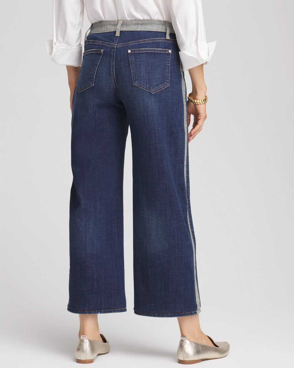 Chico's Discount Eclipse Indigo Girlfriend Cropped Colorblock Wide-Leg Jeans
