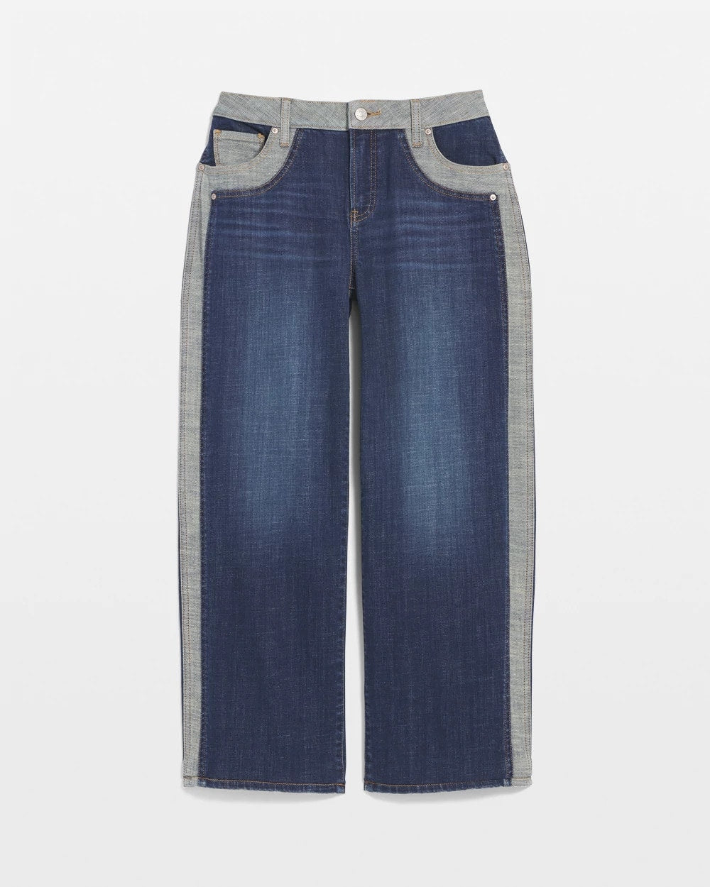 Chico's Discount Eclipse Indigo Girlfriend Cropped Colorblock Wide-Leg Jeans