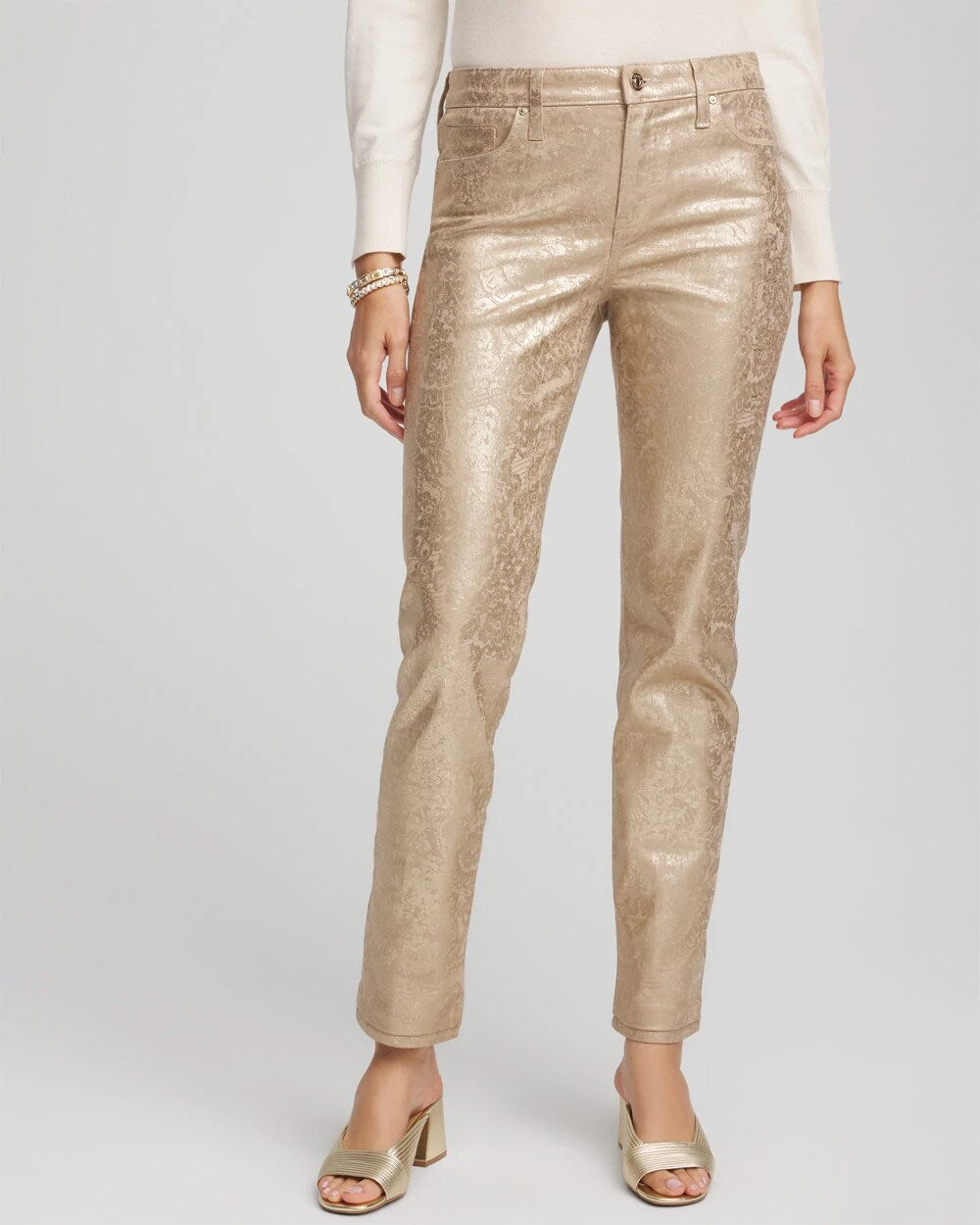 Chico's On Sale Champagne Fizz Girlfriend Slim Ankle Foiled Lace Jeans