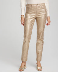 Chico's On Sale Champagne Fizz Girlfriend Slim Ankle Foiled Lace Jeans