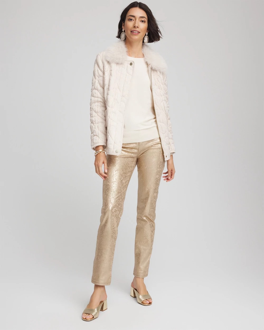 Chico's On Sale Champagne Fizz Girlfriend Slim Ankle Foiled Lace Jeans