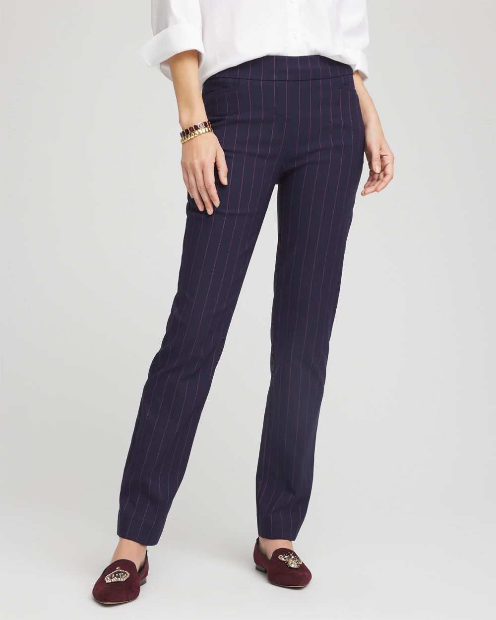 Chico's For Sale Passport Blue Shadow Stripe Brigitte™ Slim Pull-On Pants