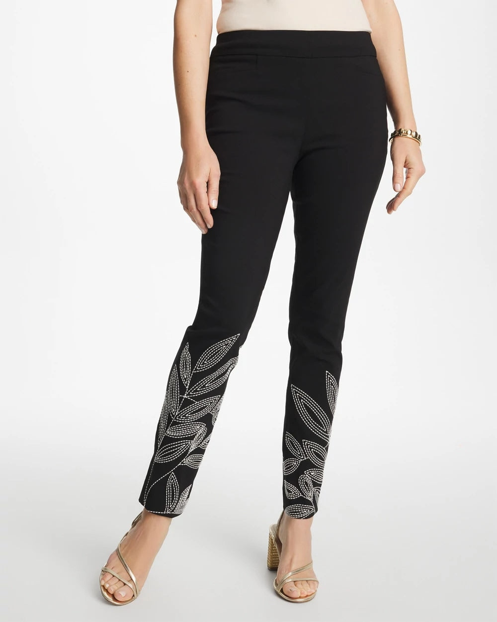 Chico's Outlet Black Floral Soutache Brigitte™ Slim Pull-On Ankle Pants