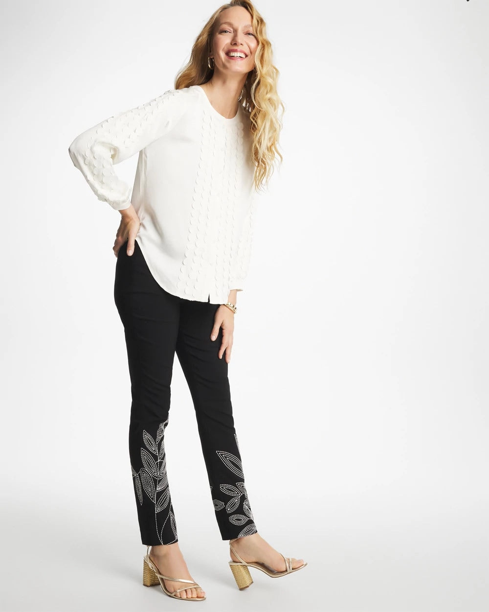 Chico's Outlet Black Floral Soutache Brigitte™ Slim Pull-On Ankle Pants