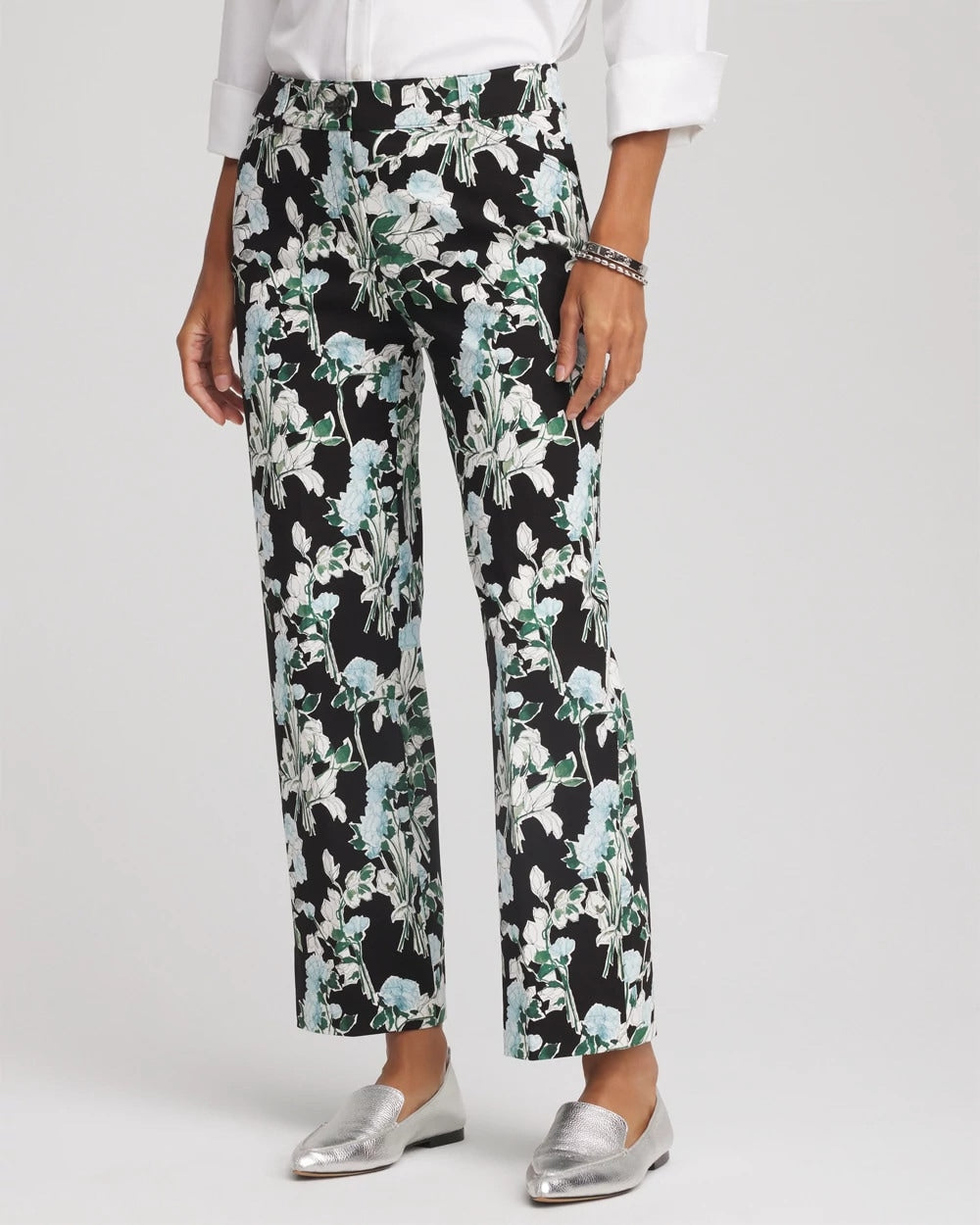 Chico's Online Black Floral Emme Straight Ankle Pants