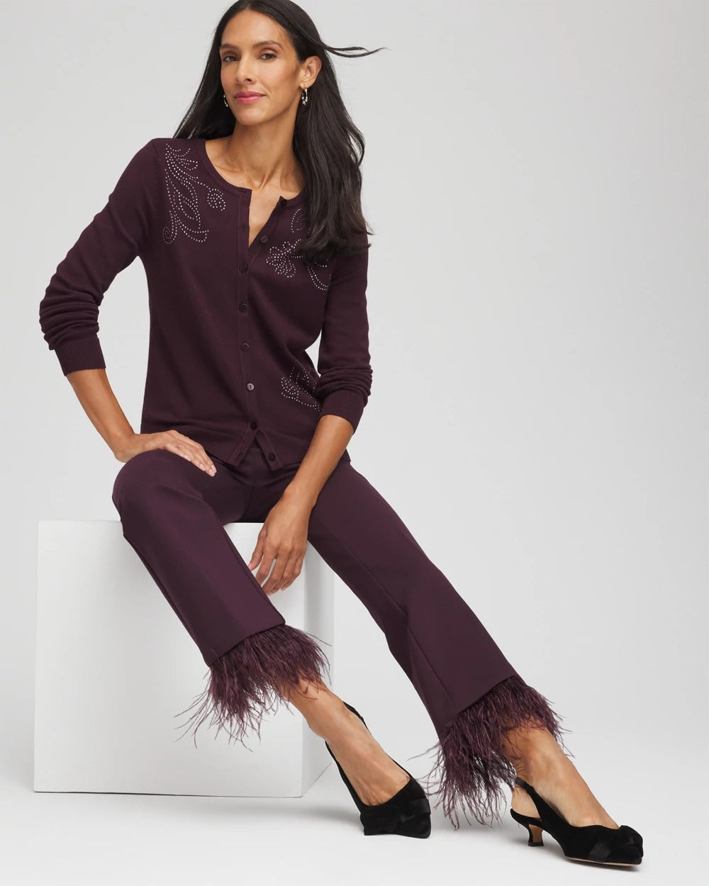 Chico's Outlet Night Bloom Juliet Feathered Flared Cropped Pants