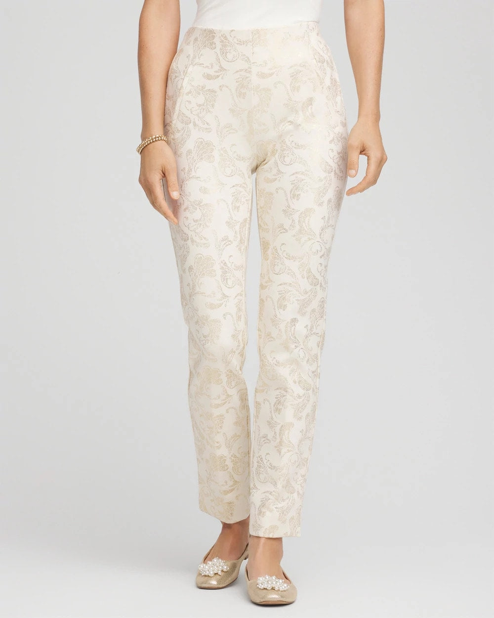 Chico's On Sale English Cream Juliet Golden Foiled Slim Ankle Pants