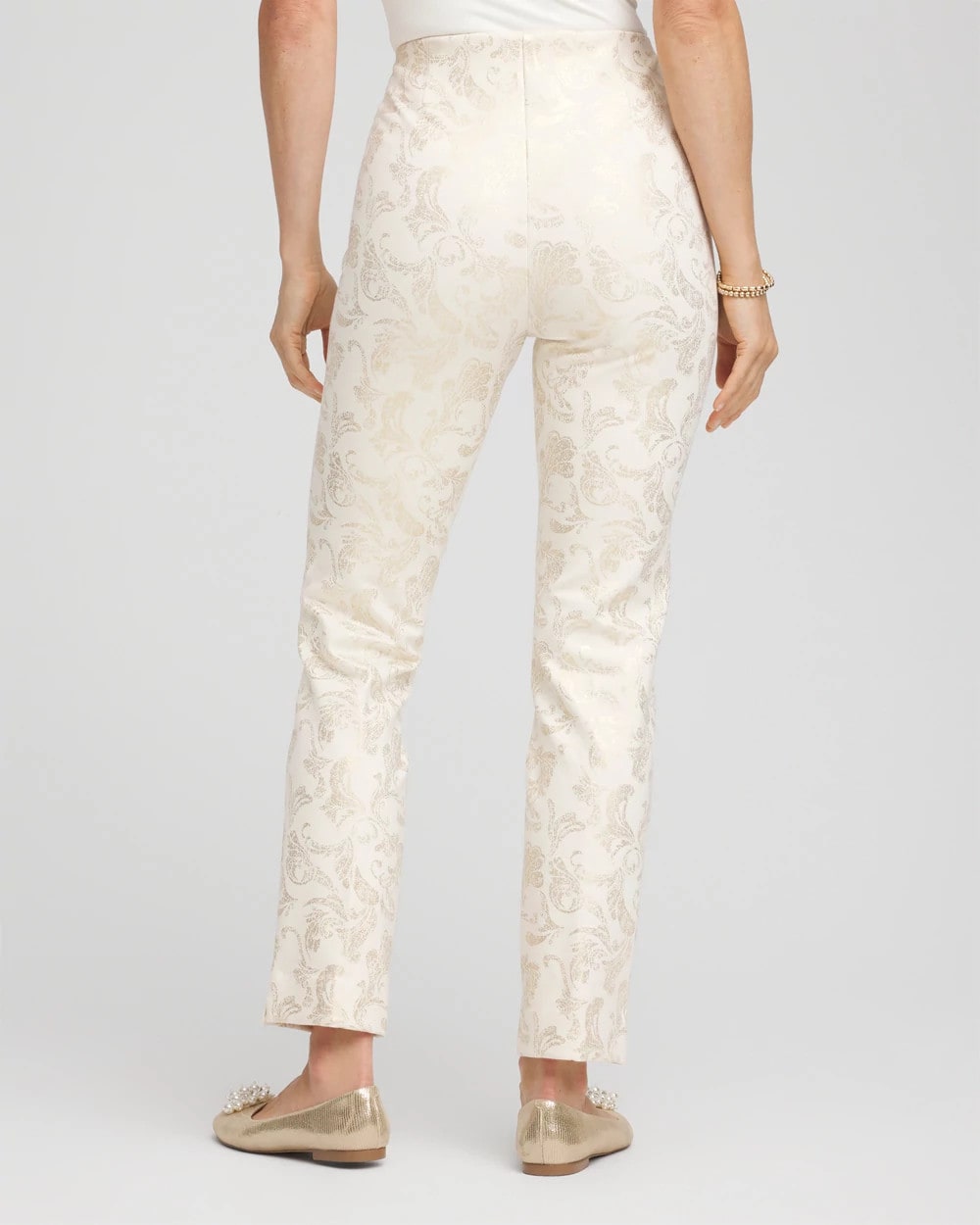 Chico's On Sale English Cream Juliet Golden Foiled Slim Ankle Pants