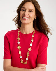 Chico's Outlet Gold Pearl Hammered Long Necklace