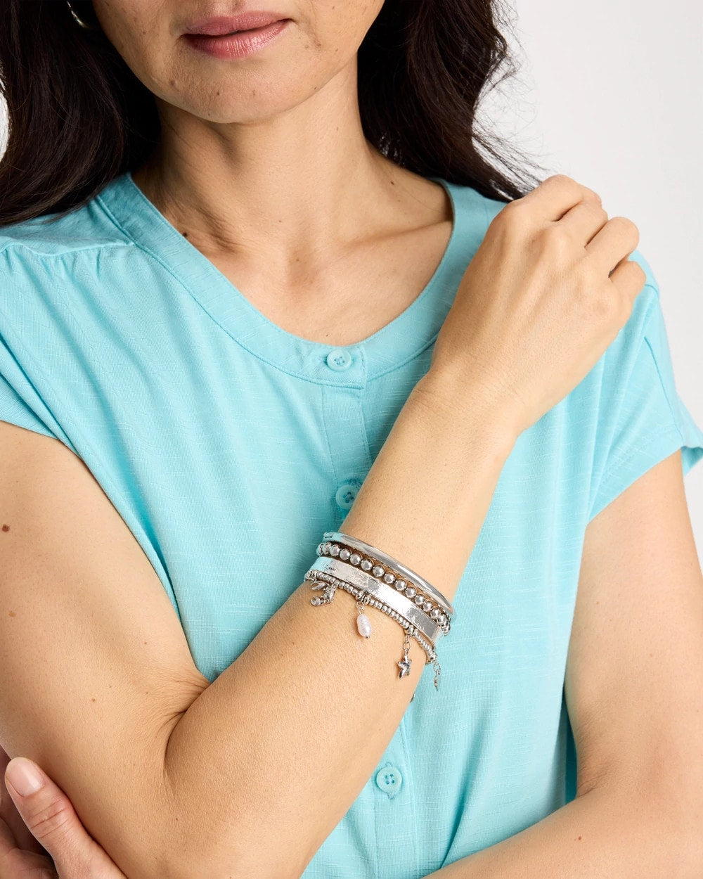 Chico's Sale Silver Beachy Silvertone Stretch Charm Bracelet