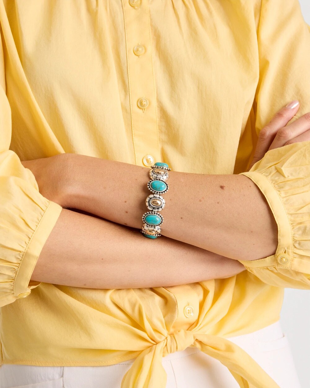 Chico's Online Turquoise Turquoise Mixed Metal Stretch Bracelet