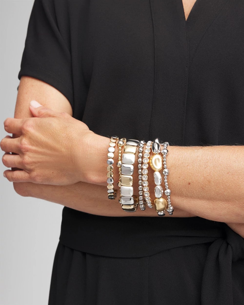 Chico's Outlet Mixed Metals Silver & Gold Tone Round Stretch Bracelet