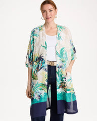 Chico's Outlet Topanga Green Printed Smocked Long Kimono