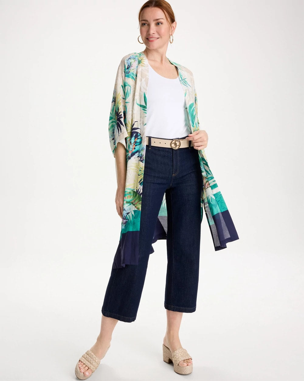 Chico's Outlet Topanga Green Printed Smocked Long Kimono