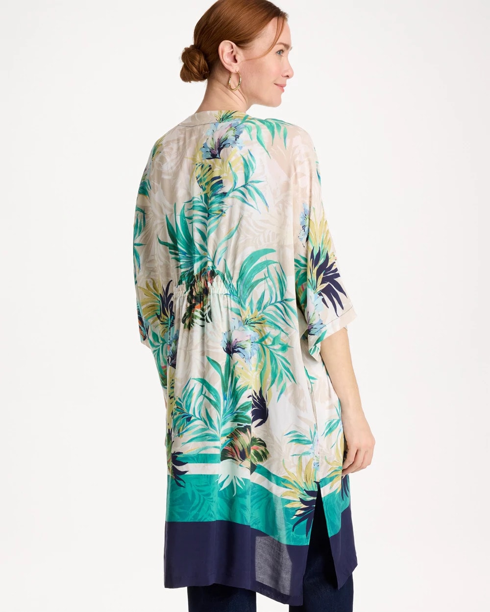 Chico's Outlet Topanga Green Printed Smocked Long Kimono