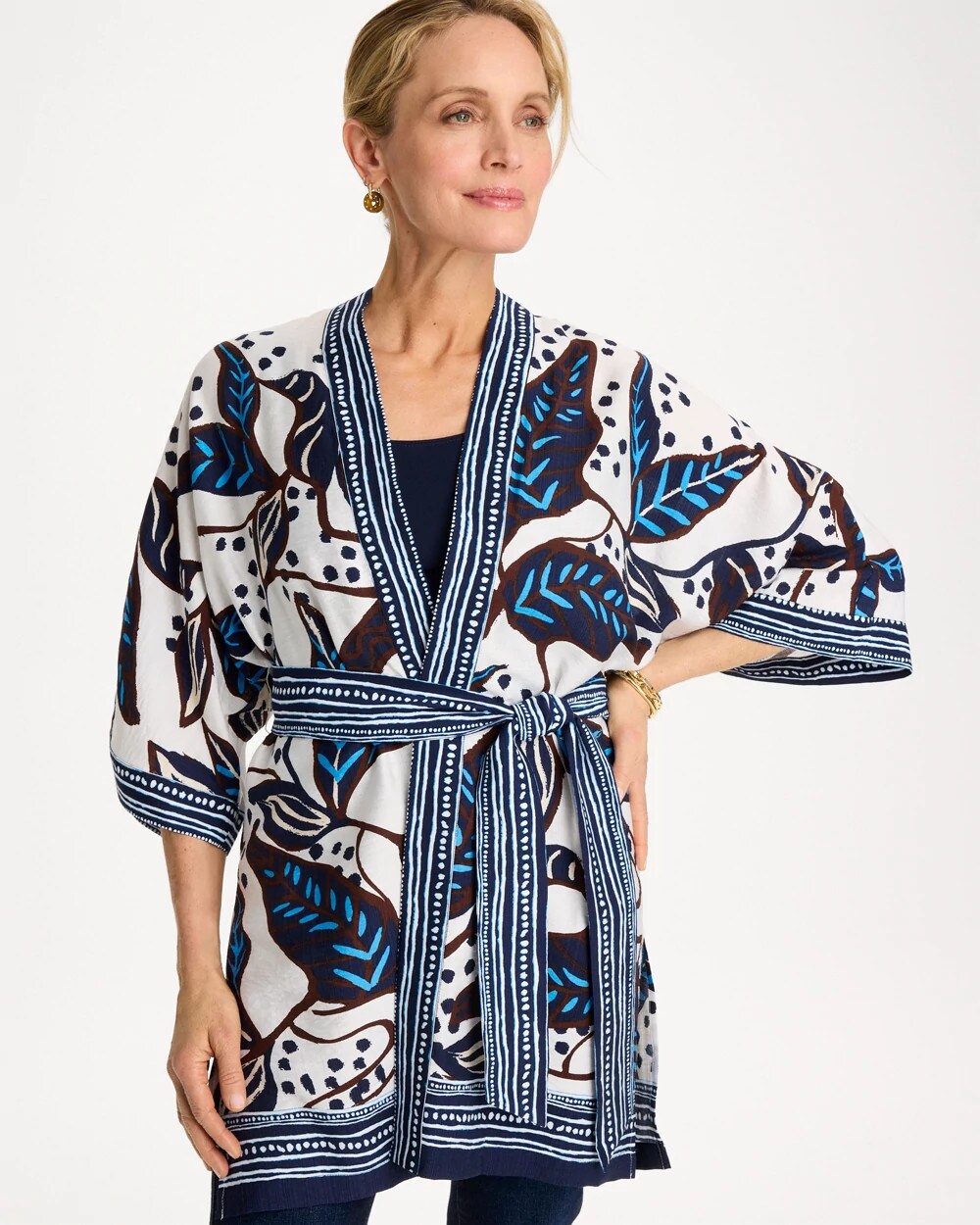 Chico's On Sale Ecru Printed Belted Kimono