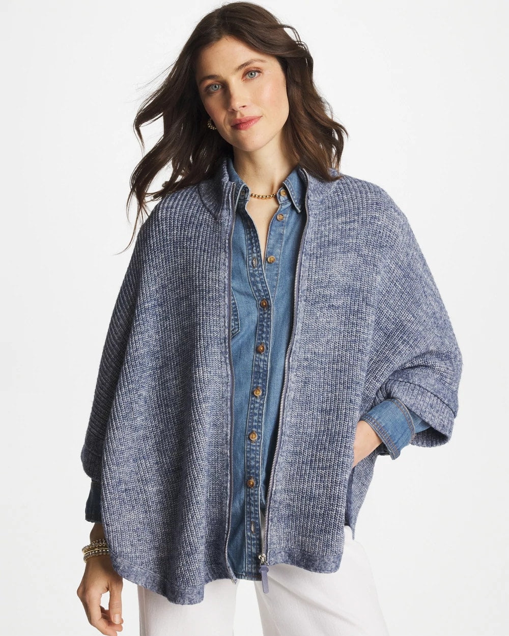 Chico's Outlet Indigo Sky Heather Rounded Hem Zip-Front Ruana