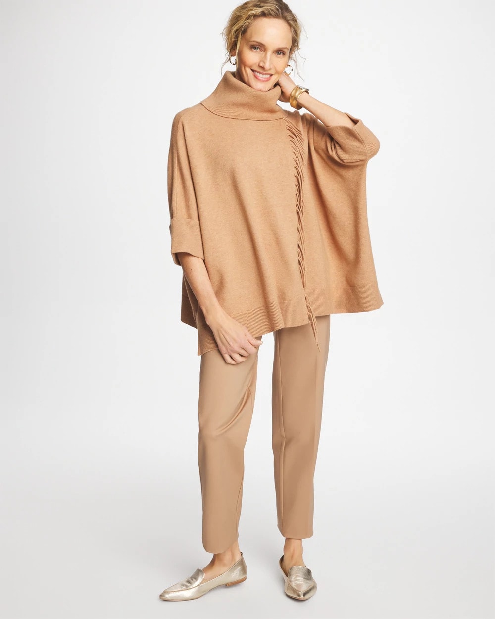 Chico's Sale Faux Creme Coffee Heather Cowlneck Knit Fringe Poncho