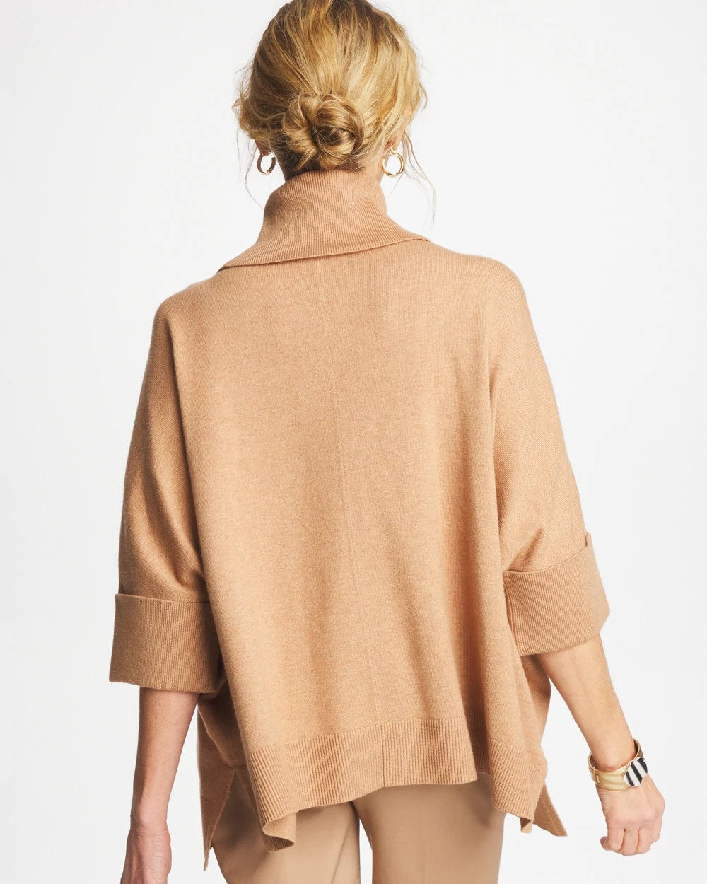 Chico's Sale Faux Creme Coffee Heather Cowlneck Knit Fringe Poncho