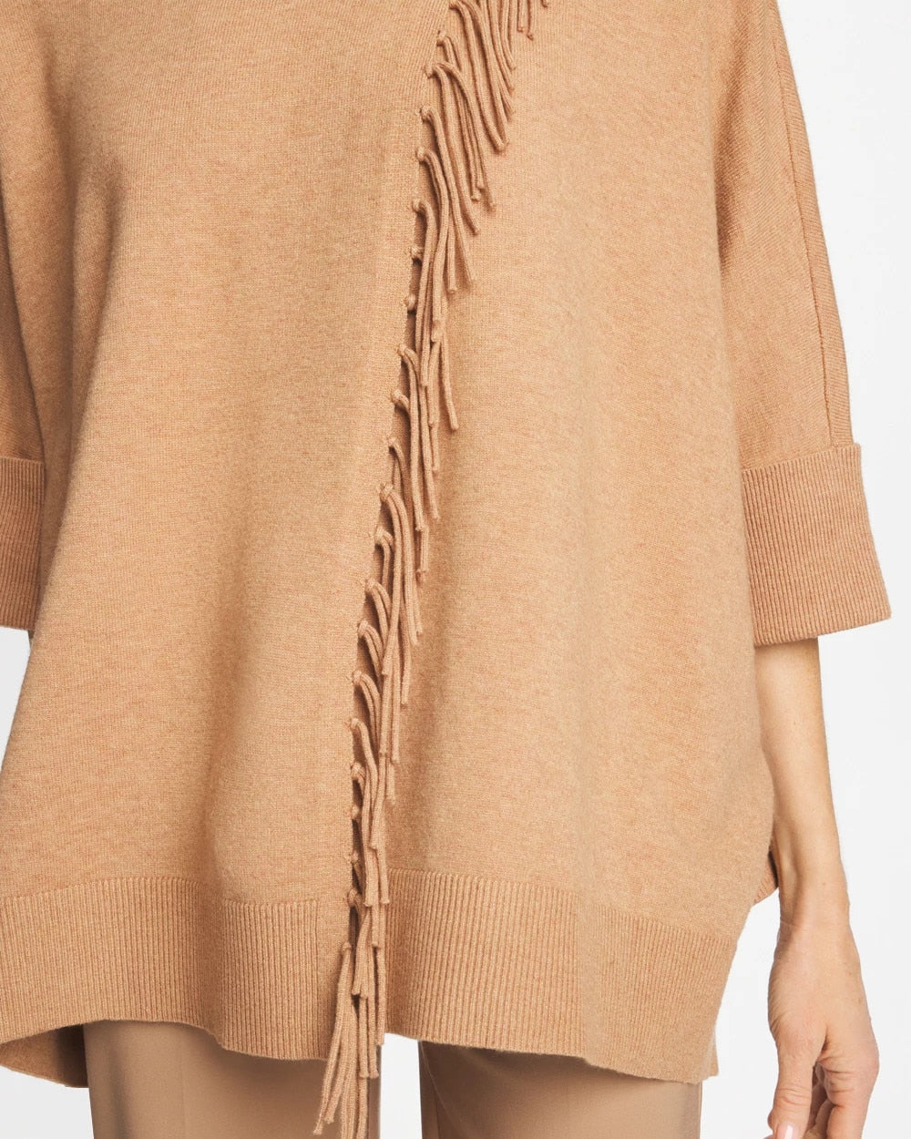 Chico's Sale Faux Creme Coffee Heather Cowlneck Knit Fringe Poncho