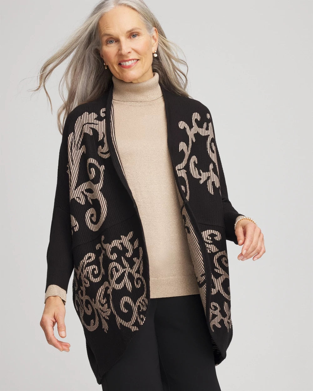 Chico's On Sale Black Ottoman Jacquard Cocoon Cardigan
