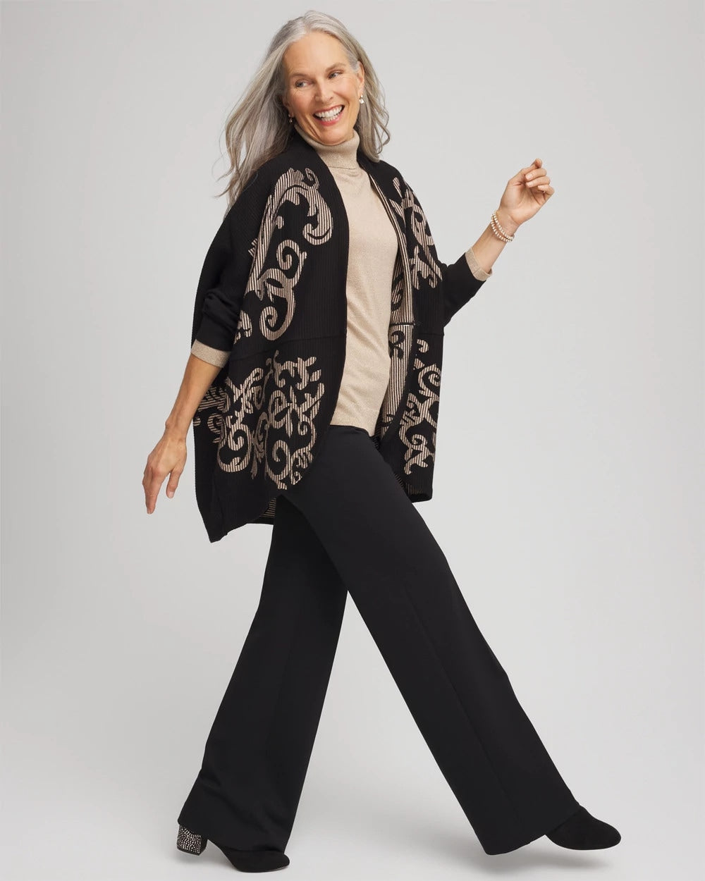 Chico's On Sale Black Ottoman Jacquard Cocoon Cardigan