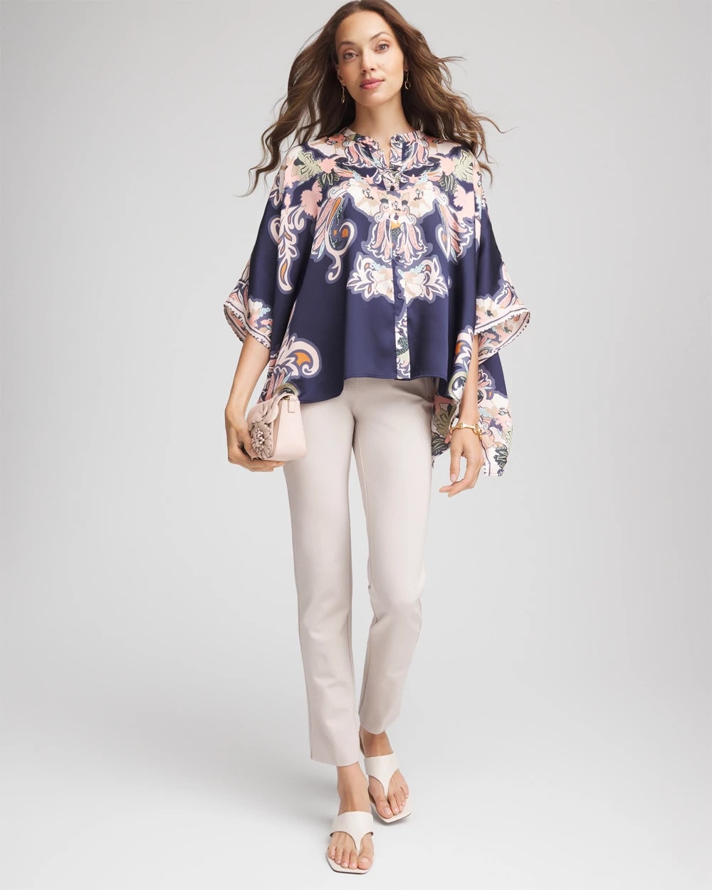 Chico's Discount Passport Blue Collarless Floral-Paisley Poncho